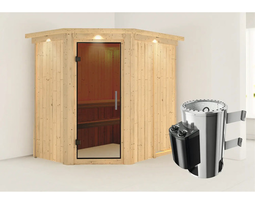 Sauna modulaire Karibu Laja avec poêle 3,6 kW et commande intégrée, avec couronne et porte entièrement vitrée coloris graphite