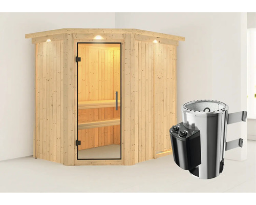 Sauna modulaire Karibu Laja avec poêle 3,6 kW et commande intégrée, avec couronne et porte entièrement vitrée transparente