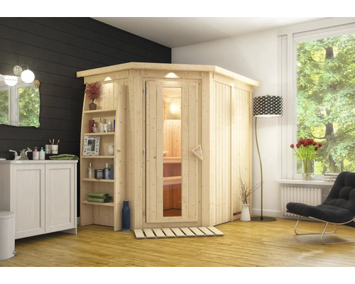 Sauna modulaire Karibu Achat IV sans poêle avec couronne et porte bois en verre isolé thermiquement