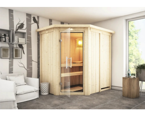 Sauna modulaire Karibu Laja sans poêle avec couronne et porte entièrement vitrée transparente