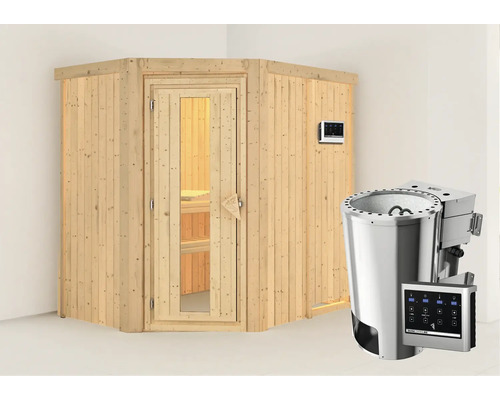 Sauna modulaire Karibu Laja poêle Bio 3,6 kW et commande externe, sans couronne, avec porte bois en verre isolé thermiquement