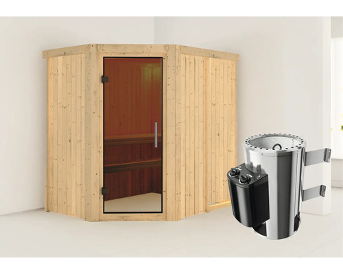 Sauna modulaire Karibu Laja avec poêle 3,6 kW et commande intégrée, sans couronne, avec porte entièrement vitrée coloris graphite