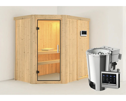 Sauna modulaire Karibu Laja avec poêle bio 3,6 kW et commande externe sans couronne, avec porte entièrement vitrée transparente