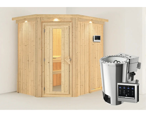 Sauna modulaire Karibu Achat IV avec poêle Bio 3,6 kW et commande externe, avec couronne et porte bois en verre isolé thermiquement