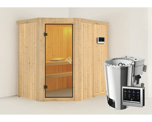 Elementsauna Karibu Laja inkl. 3,6 kW Bio Ofen u.ext.Steuerung ohne Dachkranz mit bronzierter Ganzglastür Elementsauna Karibu Laja inkl. 3,6 kW Bio Ofen u.ext.Steuerung ohne Dachkranz mit bronzierter Ganzglastür