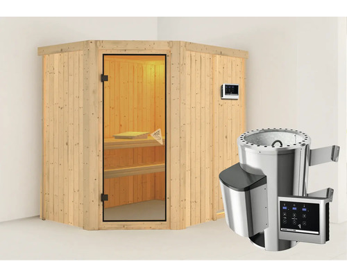 Elementsauna Karibu Laja inkl. 3,6 kW Ofen u.ext.Steuerung ohne Dachkranz mit bronzierter Ganzglastür Elementsauna Karibu Laja inkl. 3,6 kW Ofen u.ext.Steuerung ohne Dachkranz mit bronzierter Ganzglastür