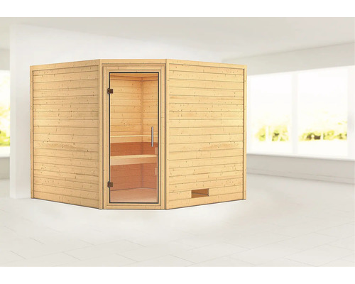 Sauna en madriers Woodfeeling Leona sans poêle ni couronne, avec porte entièrement vitrée en verre transparent