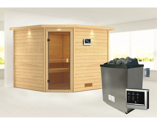 Massivholzsauna Karibu Leona inkl.9 kW Ofen u.ext.Steuerung mit Dachkranz und bronzierter Ganzglastüre Massivholzsauna Karibu Leona inkl.9 kW Ofen u.ext.Steuerung mit Dachkranz und bronzierter Ganzglastüre