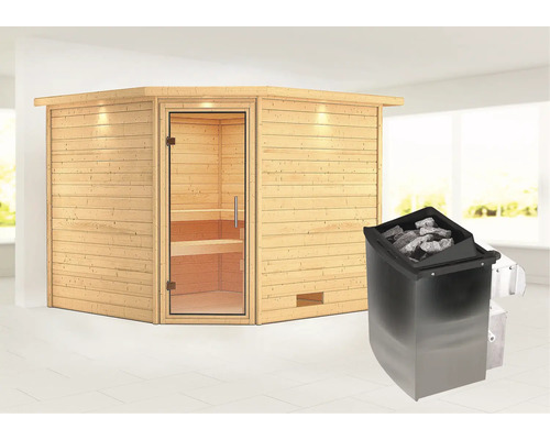 Sauna en bois massif Karibu Leona avec poêle 9 kW et commande intégrée avec couronne et porte entièrement vitrée en verre transparent