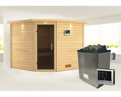 Massivholzsauna Karibu Leona inkl.9 kW Ofen u.ext.Steuerung mit Dachkranz und graphitfarbiger Ganzglastüre Massivholzsauna Karibu Leona inkl.9 kW Ofen u.ext.Steuerung mit Dachkranz und graphitfarbiger Ganzglastüre