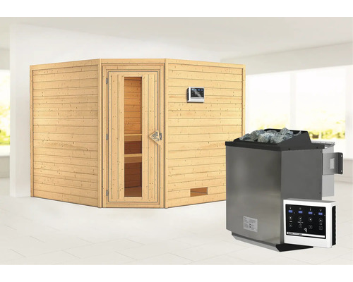 Sauna en madriers Woodfeeling Leona avec poêle Bio 9 kW et commande externe sans couronne avec porte en bois et verre isolé thermiquement