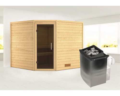 Sauna en madriers Woodfeeling Leona avec poêle 9 kW et commande intégrée sans couronne avec porte entièrement vitrée coloris graphite