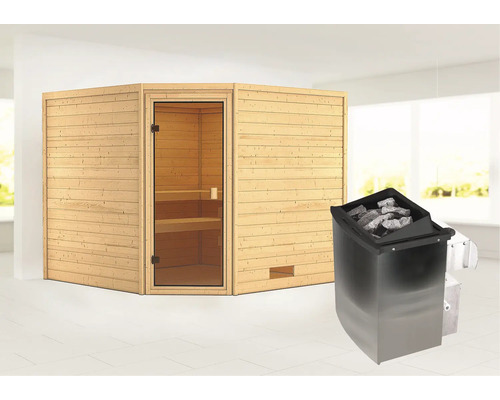 Sauna en madriers Woodfeeling Leona avec poêle 9 kW et commande intégrée sans couronne avec porte entièrement vitrée coloris bronze