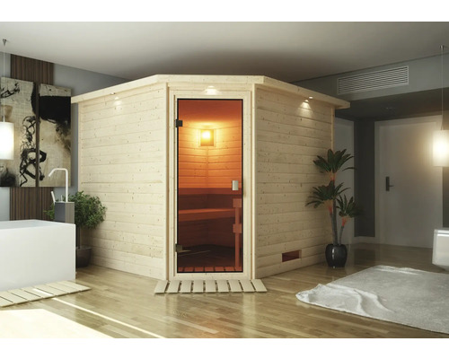 Sauna en madriers Woodfeeling Leona sans poêle avec couronne et porte entièrement vitrée coloris bronze