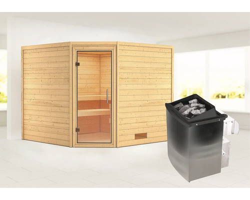 Sauna en madriers Woodfeeling Leona avec poêle 9 kW et commande intégrée sans couronne avec porte entièrement vitrée transparente