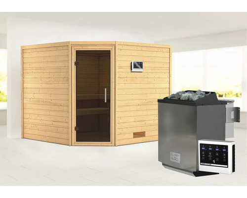 Sauna en madriers Woodfeeling Leona avec poêle Bio 9 kW et commande externe sans couronne avec porte entièrement vitrée coloris graphite