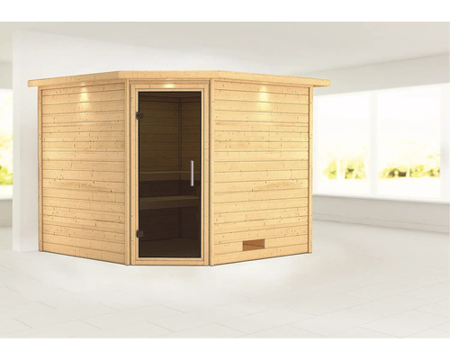 Sauna en madriers Woodfeeling Leona sans poêle avec couronne et porte entièrement vitrée coloris graphite