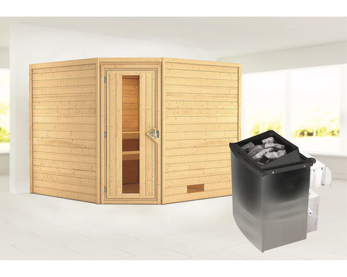 Sauna en madriers Woodfeeling Leona avec poêle 9 kW et commande intégrée sans couronne avec porte en bois et verre isolé thermiquement