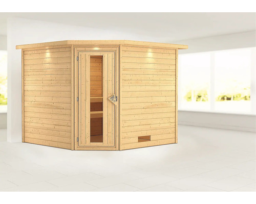 Sauna en madriers Woodfeeling Leona sans poêle avec couronne et porte en bois avec verre isolé thermiquement