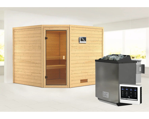 Sauna en madriers Woodfeeling Leona avec poêle Bio 9 kW et commande externe sans couronne avec porte entièrement vitrée coloris bronze