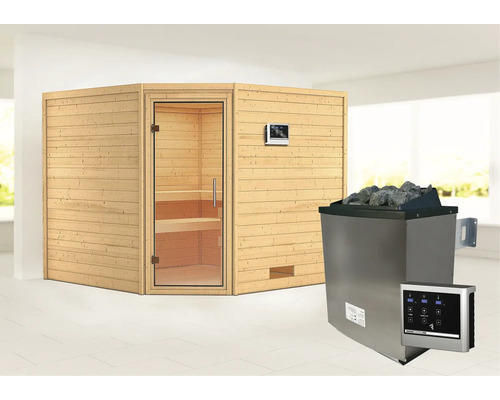 Sauna en madriers Woodfeeling Leona avec poêle 9 kW et commande externe sans couronne avec porte entièrement vitrée transparente