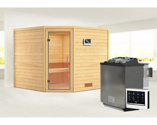 Sauna en madriers Woodfeeling Leona avec poêle Bio 9 kW et commande externe sans couronne avec porte entièrement vitrée transparente