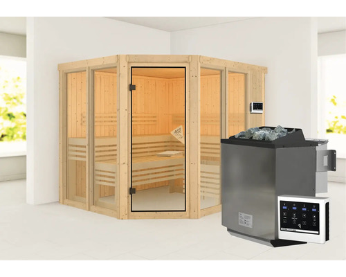 Sauna modulaire Karibu Mandos 3 avec poêle bio 9 kW et commande externe, sans couronne, avec portes entièrement vitrées couleur bronze