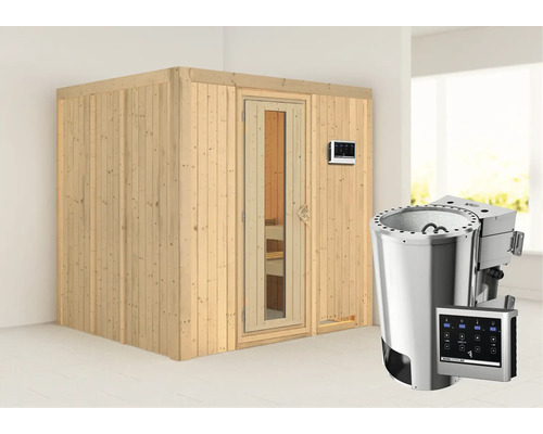 Elementsauna Karibu Maria inkl. 3,6 kW Bio Ofen u.ext.Steuerung ohne Dachkranz mit Holztüre aus Isolierglas wärmegedämmt Elementsauna Karibu Maria inkl. 3,6 kW Bio Ofen u.ext.Steuerung ohne Dachkranz mit Holztüre aus Isolierglas wärmegedämmt