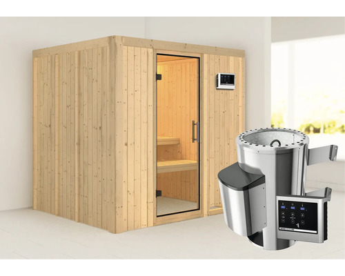 Elementsauna Karibu Maria inkl. 3,6 kW Ofen u.ext.Steuerung ohne Dachkranz mit Ganzglastüre aus Klarglas