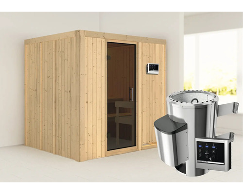 Elementsauna Karibu Maria inkl. 3,6 kW Ofen u.ext.Steuerung ohne Dachkranz mit graphitfarbiger Ganzglastüre
