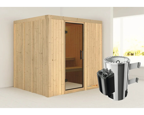 Sauna modulaire Karibu Maria avec poêle 3,6 kW et commande intégrée, sans couronne, avec porte entièrement vitrée coloris graphite Sauna modulaire Karibu Maria avec poêle 3,6 kW et commande intégrée, sans couronne, avec porte entièrement vitrée coloris graphite