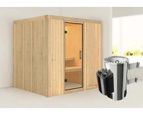 Sauna modulaire Karibu Maria avec poêle 3,6 kW et commande intégrée, sans couronne, avec porte entièrement vitrée transparente Sauna modulaire Karibu Maria avec poêle 3,6 kW et commande intégrée, sans couronne, avec porte entièrement vitrée transparente