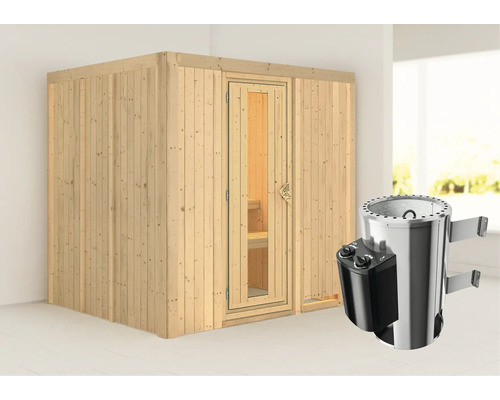Sauna modulaire Karibu Maria avec poêle 3,6 kW et commande intégrée, sans couronne, avec porte bois en verre isolé thermiquement Sauna modulaire Karibu Maria avec poêle 3,6 kW et commande intégrée, sans couronne, avec porte bois en verre isolé thermiquement