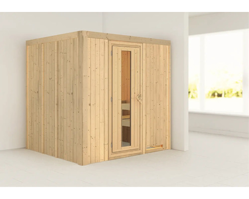 Sauna modulaire Karibu Maria sans poêle ni couronne, avec porte en bois et verre isolé thermiquement Sauna modulaire Karibu Maria sans poêle ni couronne, avec porte en bois et verre isolé thermiquement