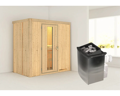 Sauna modulaire Karibu Mariado avec poêle 9 kW et commande intégrée, sans couronne, avec porte en bois et verre isolé thermiquement Sauna modulaire Karibu Mariado avec poêle 9 kW et commande intégrée, sans couronne, avec porte en bois et verre isolé thermiquement