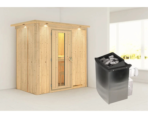 Sauna modulaire Karibu Mariado avec poêle 9 kW et commande intégrée, avec couronne et porte en bois avec verre isolé thermiquement Sauna modulaire Karibu Mariado avec poêle 9 kW et commande intégrée, avec couronne et porte en bois avec verre isolé thermiquement
