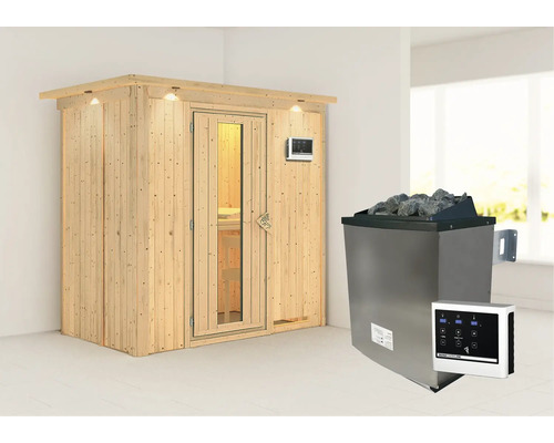 Elementsauna Karibu Mariado inkl. 9 kW Ofen u.ext.Steuerung mit Dachkranz und Holztür mit Isolierglas wärmegedämmt Elementsauna Karibu Mariado inkl. 9 kW Ofen u.ext.Steuerung mit Dachkranz und Holztür mit Isolierglas wärmegedämmt
