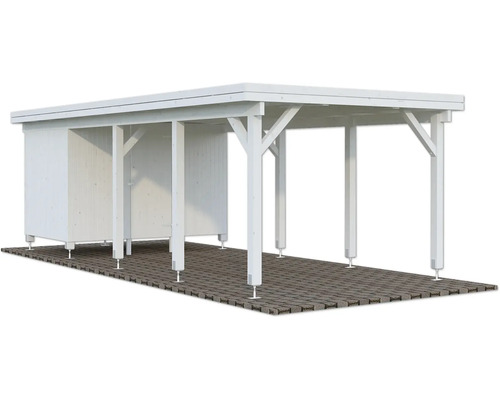 Carport simple Palmako Karl 23,1 m² avec abri à outils 315 x 732 cm apprêté blanc