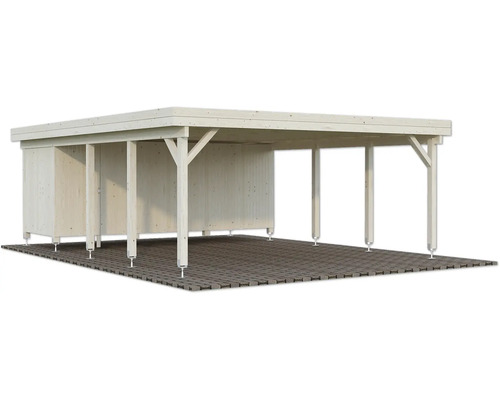 Carport aus Holz mit Flachdach und Seitenwänden