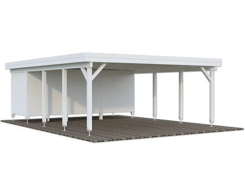 Carport double Palmako Karl 40,6 m² avec abri à outils 555 x 732 cm apprêt par immersion blanc