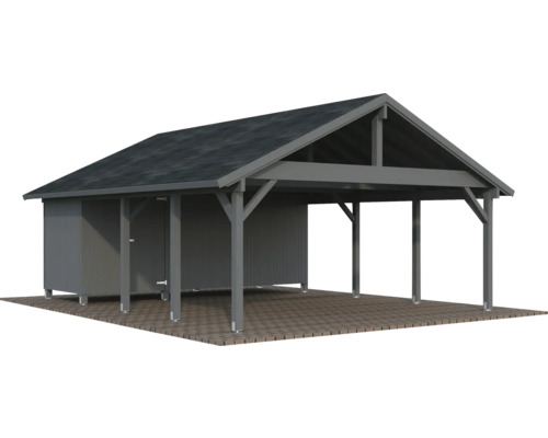 Carport double Palmako Robert 40,6 m² avec abri à outils 555 x 363 cm blanc Abri couvert avec remise à outils et toit à deux pans