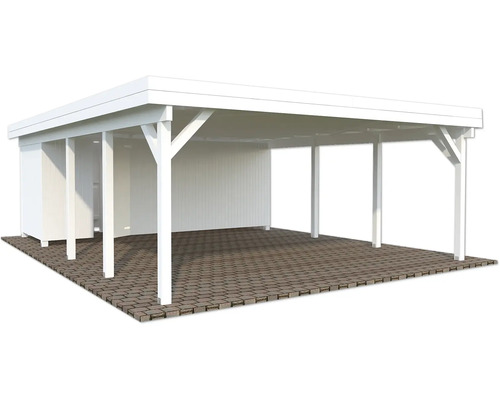 Carport double Palmako Karl 40,6 m² avec abri à outils 555 x 732 cm blanc Abri de voiture blanc avec abri de jardin en bois