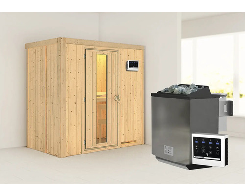 Sauna modulaire Karibu Mariado avec poêle bio 9 kW et commande externe, sans couronne, avec porte en bois et verre isolé thermiquement Sauna modulaire Karibu Mariado avec poêle bio 9 kW et commande externe, sans couronne, avec porte en bois et verre isolé thermiquement