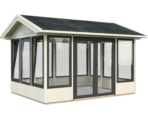 Maison de jardin en bois avec façade en verre et porte double