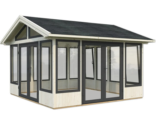 Pavillon de jardin avec portes en verre et toit à deux pans