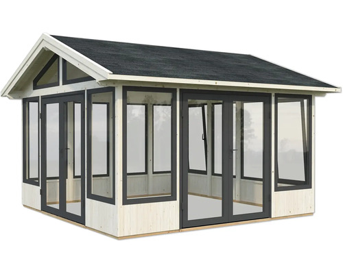 Abri de jardin avec toit pointu, fenêtres et double porte