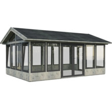 Pavillon de jardin avec revêtement en bois, façade en verre et toit foncé
