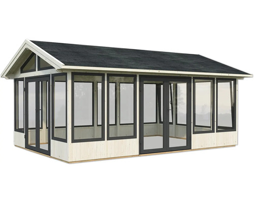 Abri de jardin avec de grandes fenêtres et une double porte