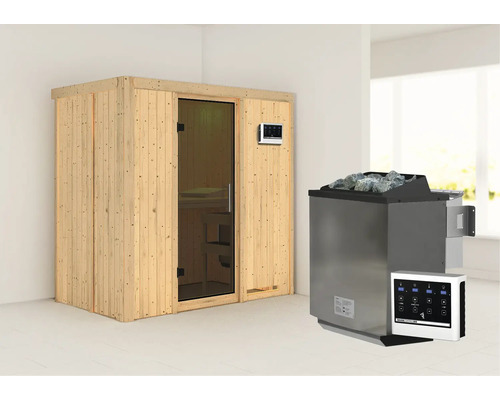 Sauna aus Holz mit Saunaofen und Steinen