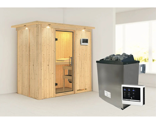 Elementsauna Karibu Mariado inkl. 9 kW Ofen u.ext.Steuerung mit Dachkranz und Ganzglastüre aus Klarglas Elementsauna Karibu Mariado inkl. 9 kW Ofen u.ext.Steuerung mit Dachkranz und Ganzglastüre aus Klarglas